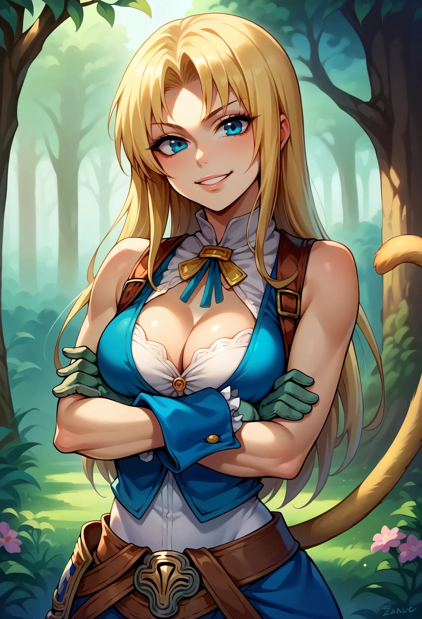 score_9, score_8_up, score_7_up, (female:1.5), 1girl solo, female focus, female body, skinny, zidane, blonde hair, long hair, blue eyes, monkey tail, parted bangs, gloves, blue miniskirt, standing,cleavage, seductived lips, crossed arms, smiling, looking at you, deep forest,