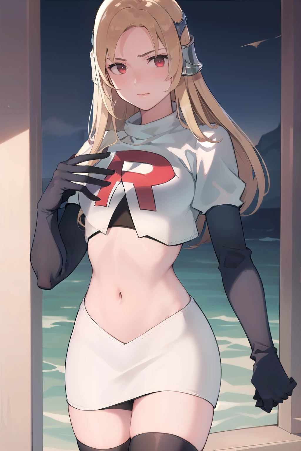 masterpiece, best quality, mathilda, helmet,  looking at viewer, team rocket,team rocket uniform,white skirt,red letter R,crop top,black thigh-highs,black elbow gloves