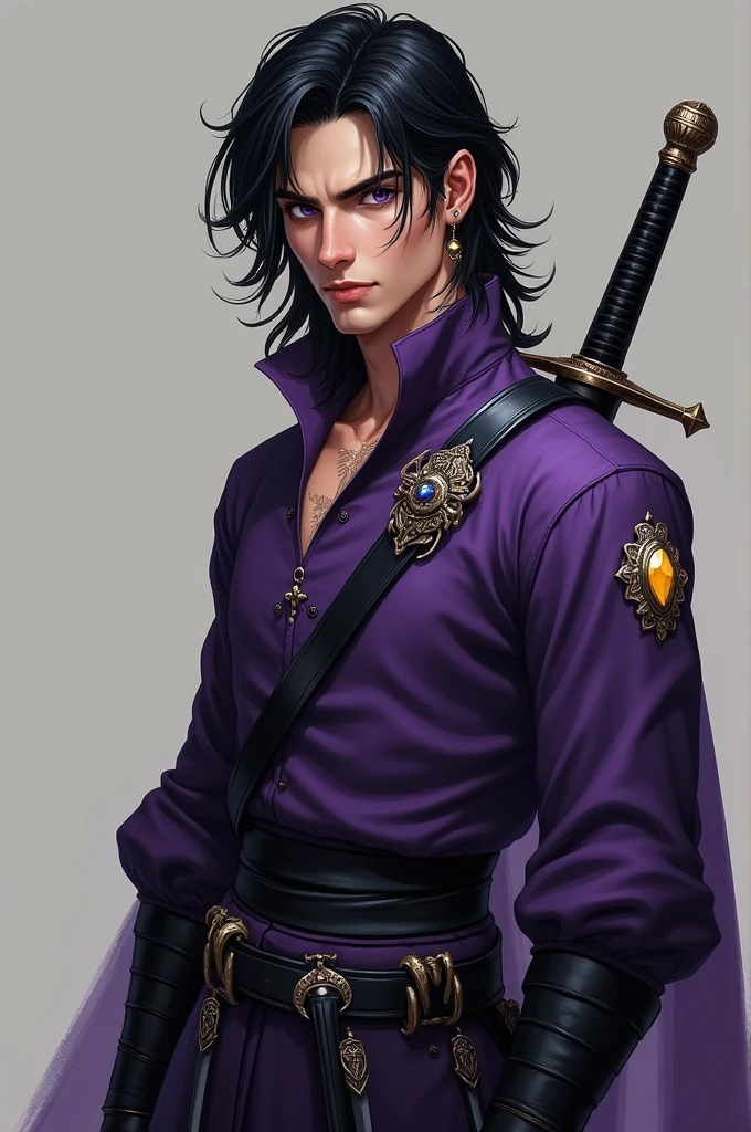 A man in his 20s, tall with about 1,98, strong with muscles, shoulder-length black hair, purples eyes, white but tanned skin, with light lilac smoky highlights on the cheek contour, wears a very dark purple, almost black, fighting outfit, tight like a long-sleeved blouse with a high collar, it carries two swords on the back, these swords have jeweled adornments, a black belt with daggers. And a yellow jewel around her neck and an earring Her face is indifferent, young and handsome Fantasy book warrior style, young and handsome with a scar on his neck