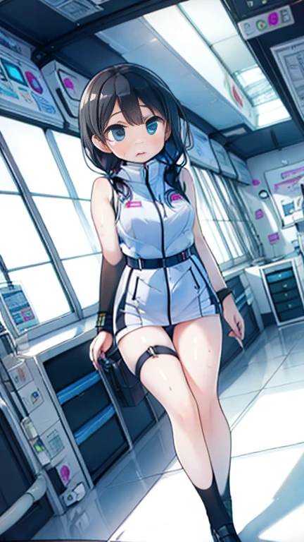(Highest quality), (masterpiece), 1080P, High resolution, 4K, 8k, Inside the space station、Futuristic room、Thigh straps, Shooting from directly below, The woman on top of me, 白いSweat, Covered , Sweat, Woman looking down, Skirt swimsuit, Thigh-high socks, To achieve this, 16 years old, , whole body, Black leather shoes, Braided hair, Inner Color, Embarrassed face, Short black hair, bracelet, Bedroom,celestial body_Vest