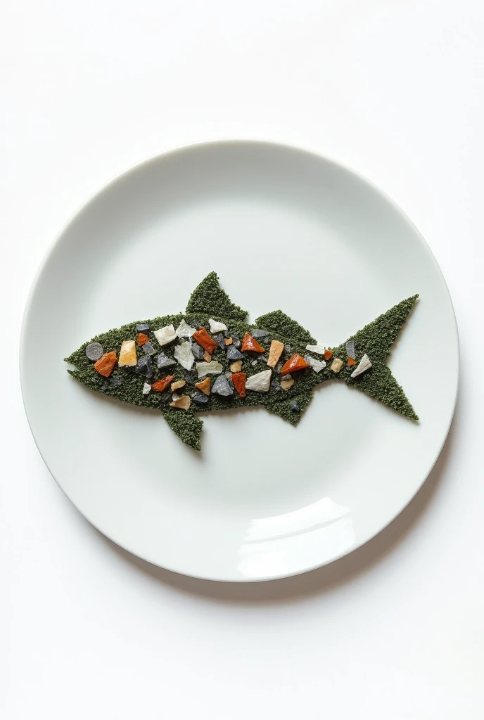Pieces of plastic forming the silhouette of a fish on a plate