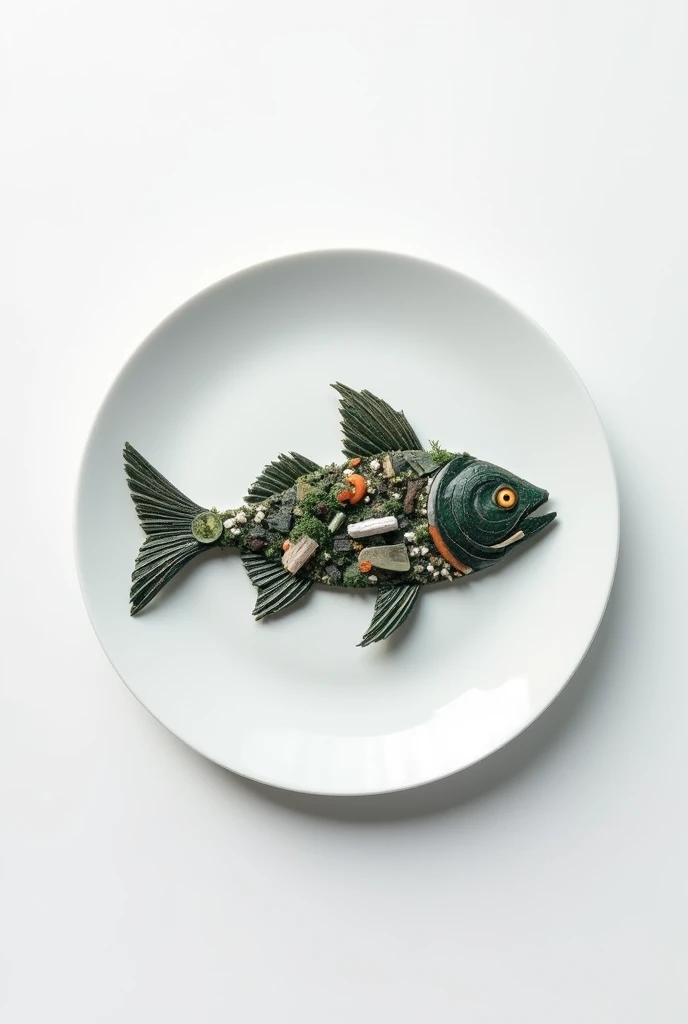 Pieces of plastic forming the silhouette of a fish on a plate 
