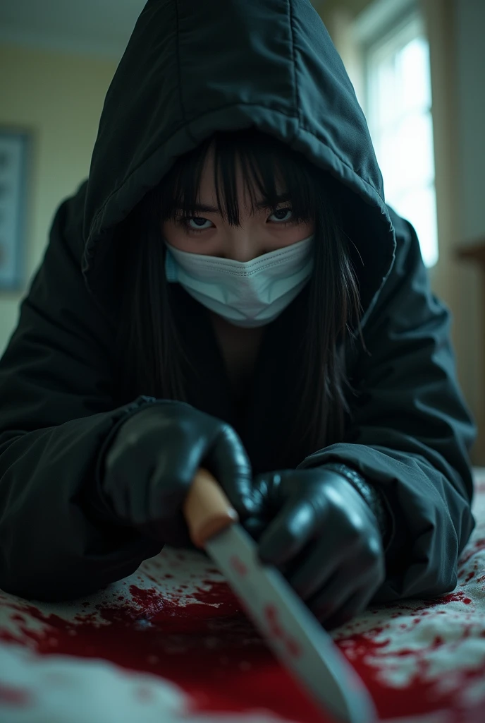 korean girl, (behind corpse, holding knife), surgical mask, black gloves, room full of blood, black raincoat, hood up, holding knife, black gloves, woman on top, behind corpse, blood splatter, on the bed, mass murderer, killer, long bangs, blood splatter, dark atmosphere, cinematic lighting, atmospheric realistic, light from the window, close-up, 
