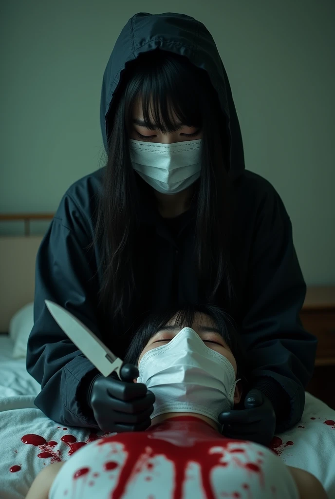 korean girl, (behind corpse, holding knife), surgical mask, black gloves, room full of blood, black raincoat, hood up, holding knife, black gloves, woman on top, behind corpse, blood splatter, on the bed, mass murderer, killer, long bangs, blood splatter, dark atmosphere, cinematic lighting, atmospheric realistic, light from the window, close-up,