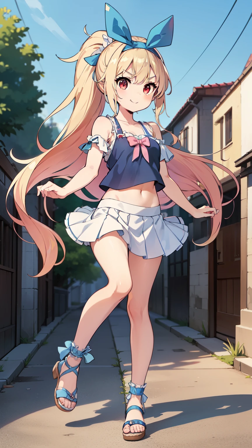 Score_9,score_8_up,score_7_up, source_cartoon, wavy bangs, very long wavy ponytail, ((blonde hair)), red eyes, pale skin, small breasts, detailed body fur, ((clear blue headband with bow, blue ruffled tank top, short sleeves, midriff, navel, white ruffled mini skirt, cute sandals)), masterpiece, looking at you, detailed face, big eyebrows, detailed eyes, detailed body, detailed hands, glistering body, shiny body, skinny, smile, full body, street, clear sky, standing,