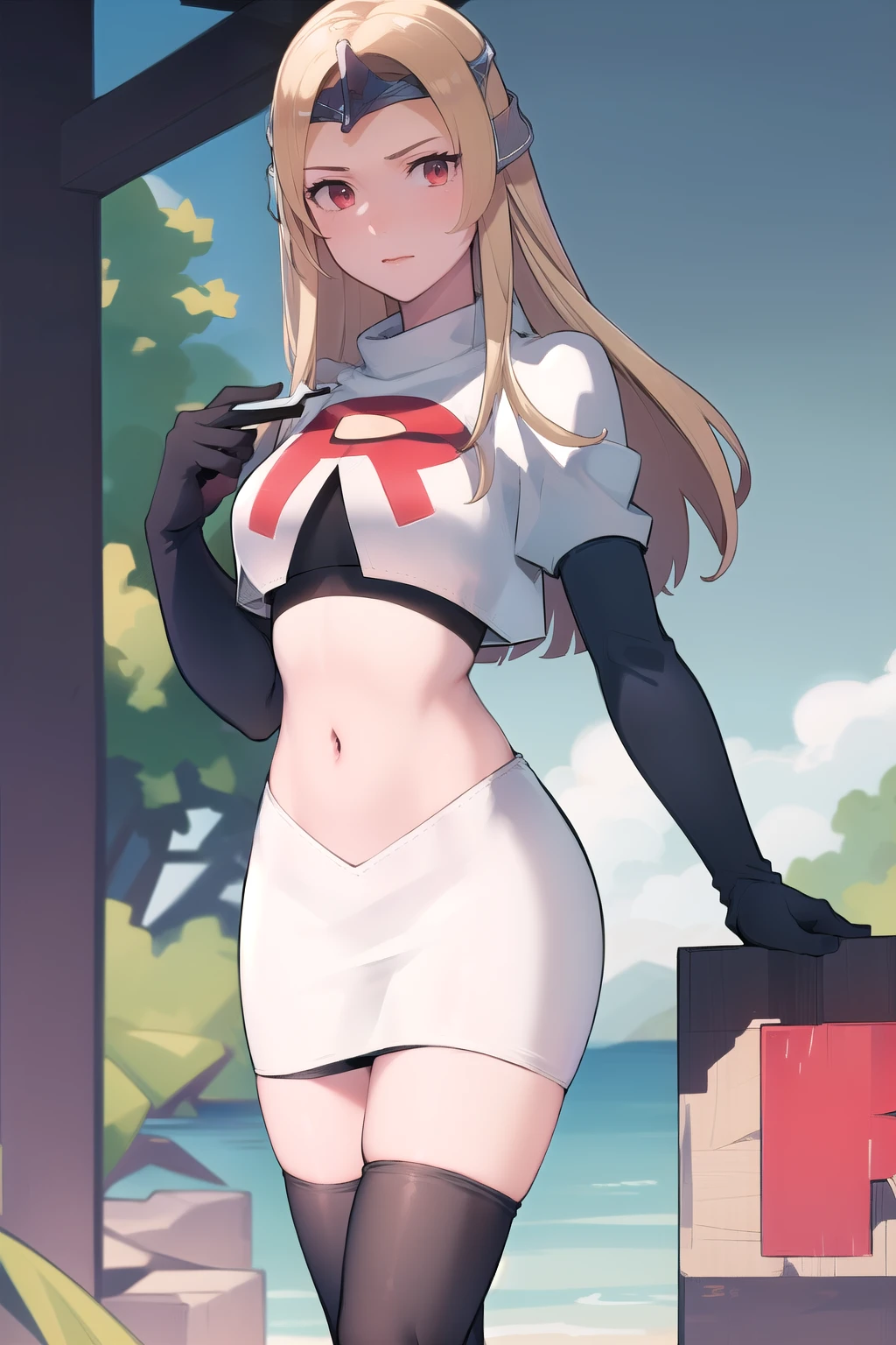 masterpiece, best quality, mathilda, helmet,  looking at viewer, team rocket,team rocket uniform,white skirt,red letter R,crop top,black thigh-highs,black elbow gloves