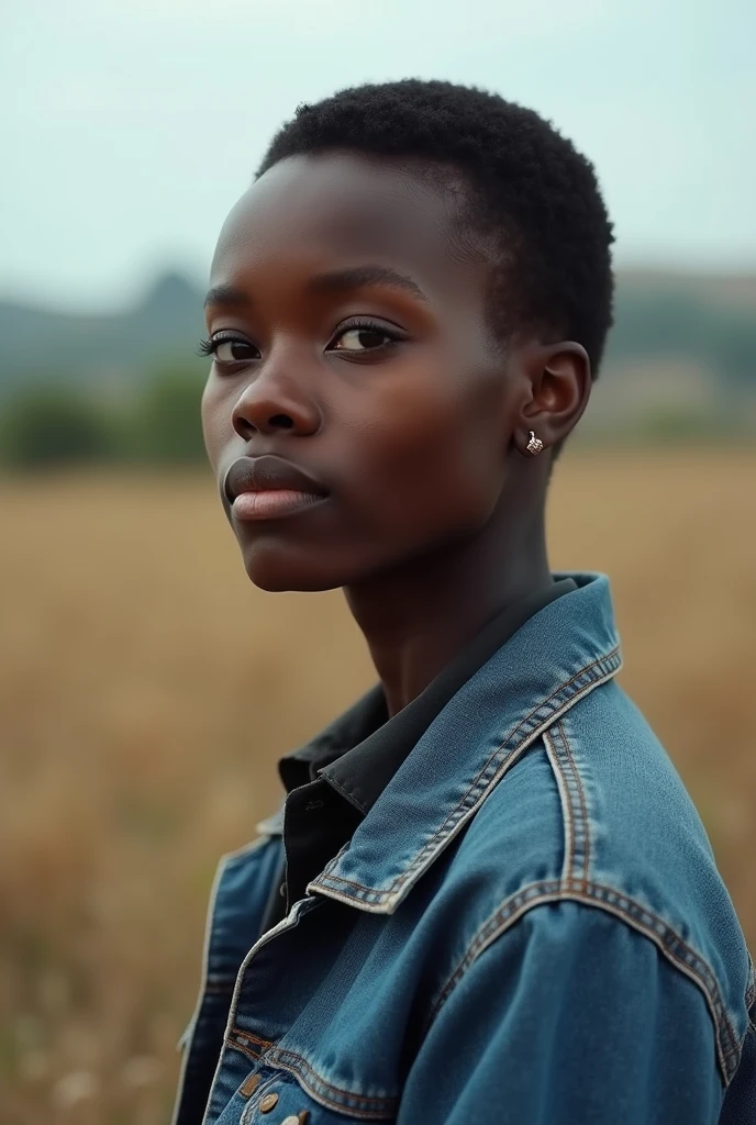 The african woman has short hair and is dressed in a denim jacket and dark shirt. He appears thoughtful, with a serene, natural background featuring clear skies and muted tones, emphasizing a rural, calm atmosphere.jpg