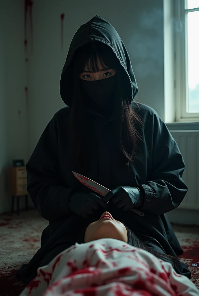 korean girl, (behind corpse, holding knife), balaclava, black gloves, room full of blood, black raincoat, hood up, holding knife, black gloves, woman on top, behind corpse, blood splatter, on the bed, mass murderer, killer, long bangs, blood splatter, dark atmosphere, cinematic lighting, atmospheric realistic, light from the window
