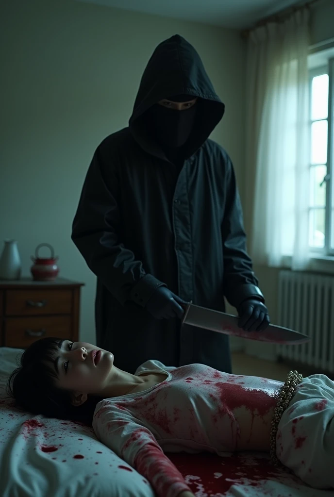 korean girl, (behind corpse, holding knife), balaclava, black gloves, room full of blood, black raincoat, hood up, holding knife, black gloves, woman on top, behind corpse, blood splatter, on the bed, mass murderer, killer, long bangs, blood splatter, dark atmosphere, cinematic lighting, atmospheric realistic, light from the window
