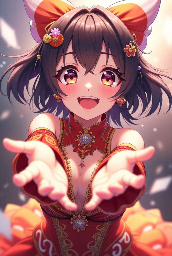 Starry eyes, it looks even more beautiful than immortal, ahoge, hair, star-shaped pupils, amber eyes, colored contact lenses, blush, high detail, anime, romanticism, modern, gothic art, anime style, film lighting, ray tracing, motion lines, first-person perspective, close-up, sony fe gm, uhd, high detail, top quality, 8k, big breasts, Light brown hair, hat, twin tails, beautiful fingers, well-formed fingers, big smile, making hearts with hands, (half-closed_eyes, mouth open, tongue out), one eye closed, cleavage showing, idol costume, ribbon