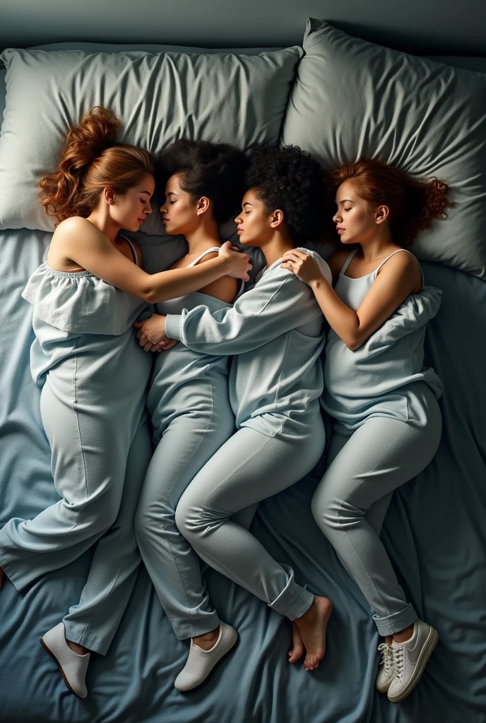 4 people sleeping. left person facing left. next person facing right. next person facing up with arms spread wide. next person facing left