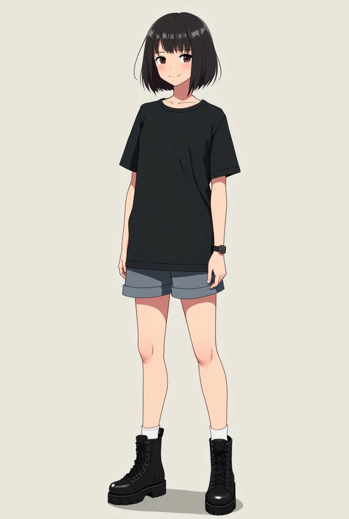 A girl with short short boots and a black t-shirt