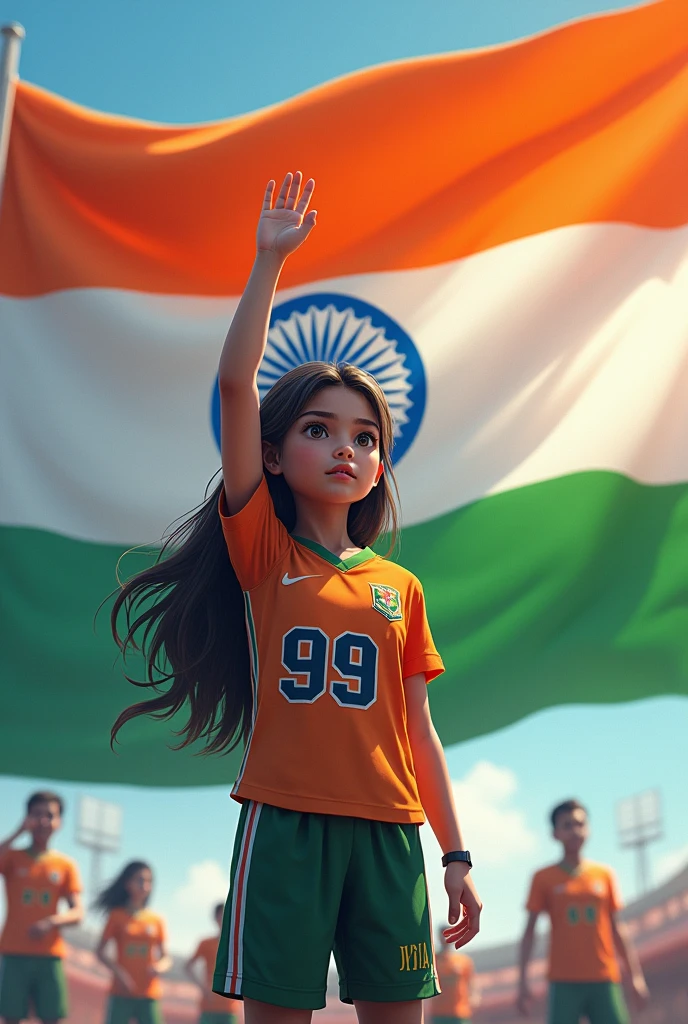 Front side Indian national flag, girl wearing Indian flag jersey and salute to flag number 99 with DIYA name