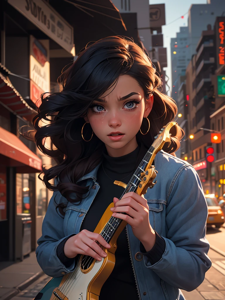 a young woman in her 20s walking down the street playing saxophone, highly detailed, ultra-realistic, 8K, photorealistic, dramatic lighting, cinematic composition, detailed facial features, beautiful detailed eyes, beautiful detailed lips, extremely detailed face, long eyelashes, elegant outfit, natural hair, dynamic pose, city street background, vibrant colors, warm lighting, joue de la guitare électrique