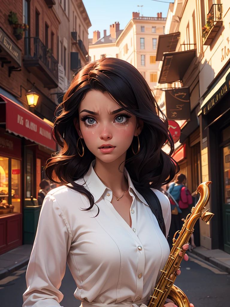 a young woman in her 20s walking down the street playing saxophone, highly detailed, ultra-realistic, 8K, photorealistic, dramatic lighting, cinematic composition, detailed facial features, beautiful detailed eyes, beautiful detailed lips, extremely detailed face, long eyelashes, elegant outfit, natural hair, dynamic pose, city street background, vibrant colors, warm lighting, joue de la guitare électrique