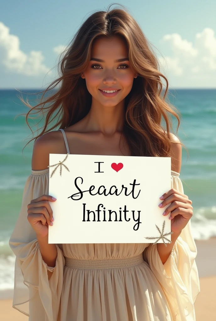 Beautiful girl with wavy long hair, bohemian dress, holding a white board with text "I Love Seaart Infinity" and showing it to the viewer