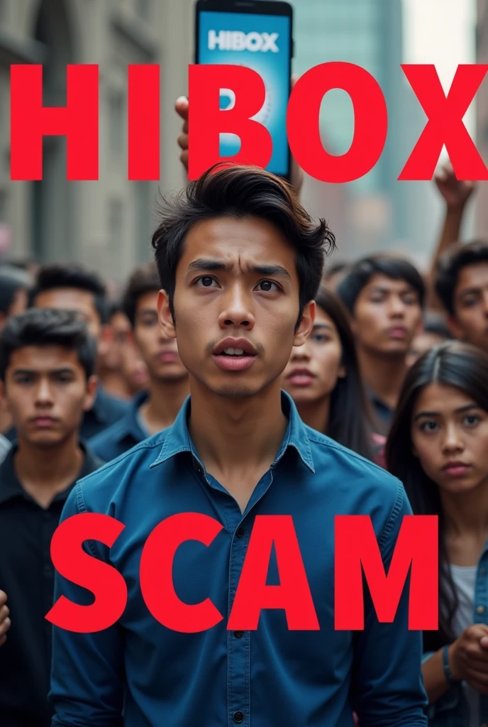 Create an image showing a group of concerned students, standing together in protest. In the background, include a hibox app. Overlay bold text "HIBOX SCAM" in bright red letters. The image should convey seriousness and urgency, reflecting the emotions surrounding a controversial MONEY SCAM issue. Include a young man in a blue shirt