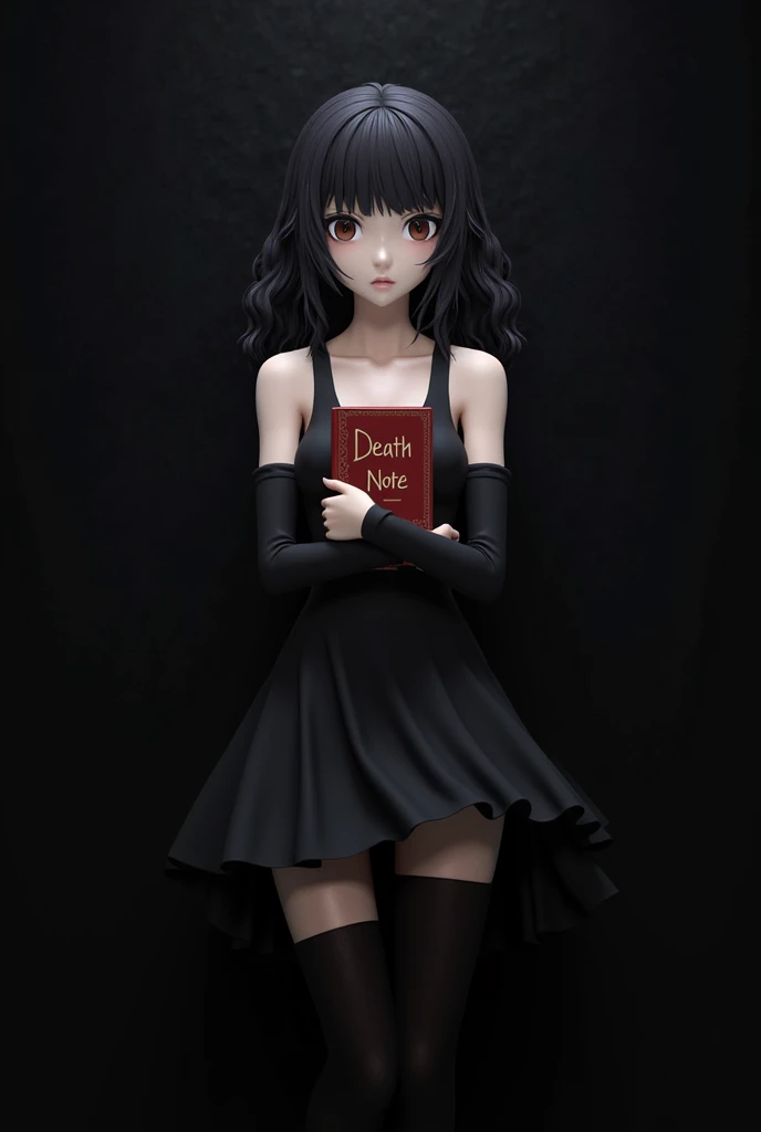 I want a 3d drawing of Misa Aname from Dead Note with curly hair and bangs, dark hair and brown eyes, with the Dead Note notebook in his hand and the girl is dressed in a black dress and black tights on her arms , on a dark background