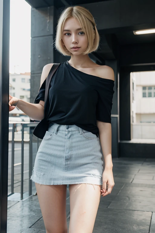 Anime girl, blonde short shoulder-length hair, blue eyes, black t-shirt