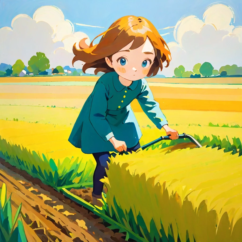 Girl plowing the field, Amy Earls, abstract expressionism, Looks boring, gesture, Whimsical、Deformation、