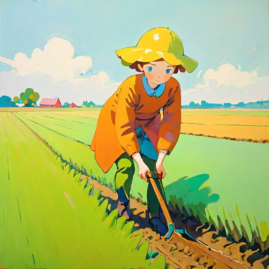 Girl plowing the field, Amy Earls, abstract expressionism, Looks boring, gesture, Whimsical、Deformation、