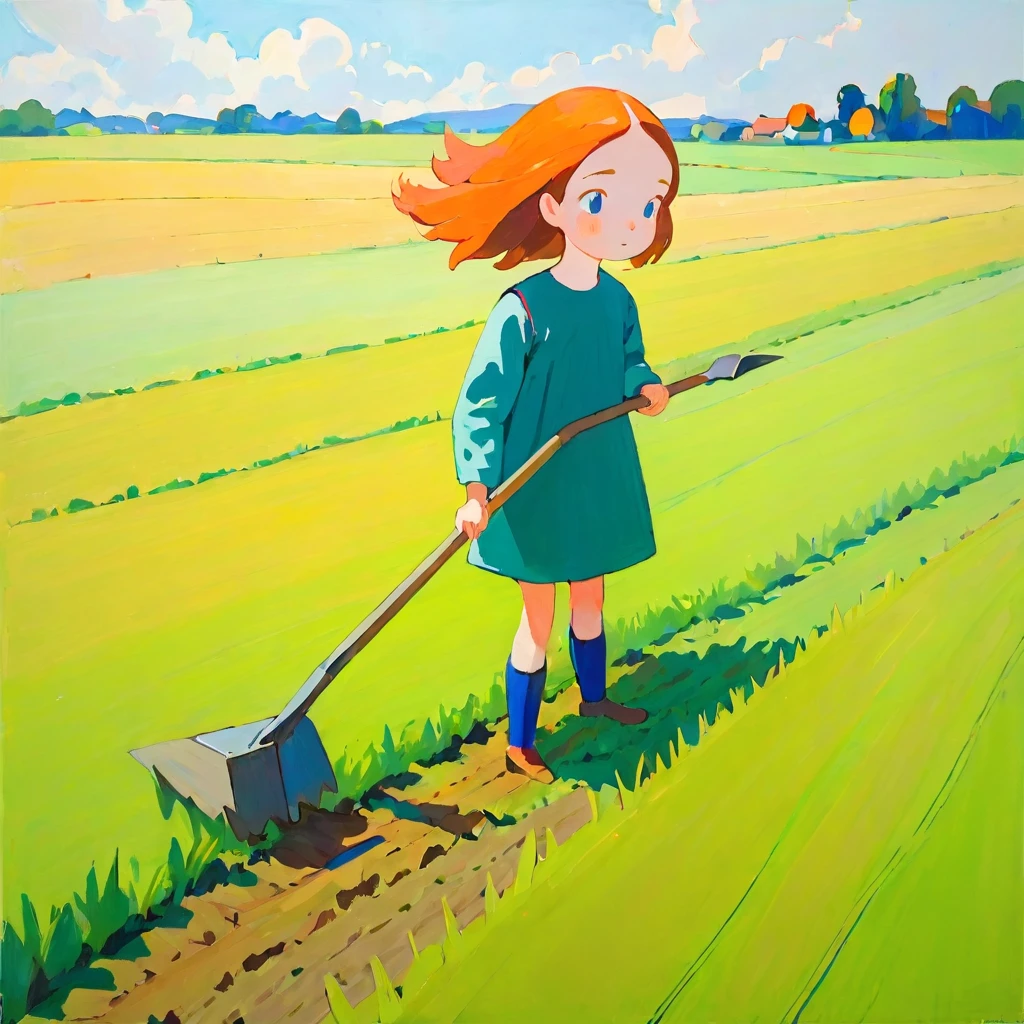 Girl plowing the field, Amy Earls, abstract expressionism, Looks boring, gesture, Whimsical、Deformation、