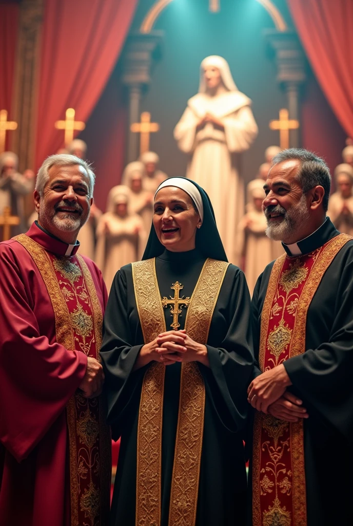 A scene on a stage or musical environment, with Father Marcelo Rossi, frei gilson, Sister Kelly Patricia, Aline Brasil and Father Reginaldo Manzotti. oni. !