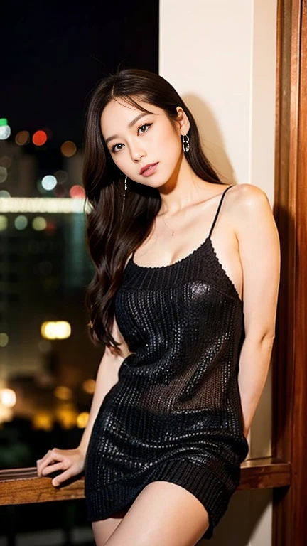 Dark brown hair、Light brown eyes、Japanese actress、 Lady、I am about 40 years old..、(Intricate details:1.2)、(Which one is on top??:1.4)、 (Ultra-high resolution:1.2)、Ultra-high resolution、(Finely tuned)、(Detailed facial features)、Hmph、8k resolution、D cup size breasts、Long Hair、Rooftop Bar、Night view、Extravagant space、relax、、,Full body photo、Head to toe shot、Beautiful legs、Camisole dress、Beautiful legs、she, Fashion Hub, Extreme Detail, Very detailed, Realistic, Hourglass-shaped body, Obscene pose,、、私 cry a lot、tears、diagonally from below、Please lift your chin、Put your butt against the wall、Relaxed expression、Pose of Weakness、(auraroid photo:1.2)、From outside the window、A masterpiece of transparent painting、8k、32K、highest quality、(Details of both eyes)、1 girl、elegant、(Black loose knit :1.4)、Night view。(Low Angle、Look up and look at me:1.2)、Hilarious、Looking at the camera、Holding a Red Rose flower in hand、Red Rose、stem with spines、手にRed Rose、
