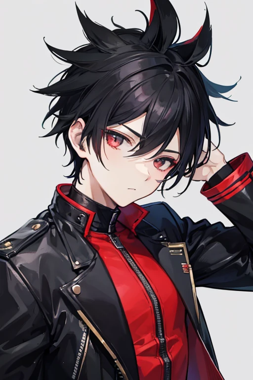 Boy with black mohawk hair,wearing black jacket with red iron arms 