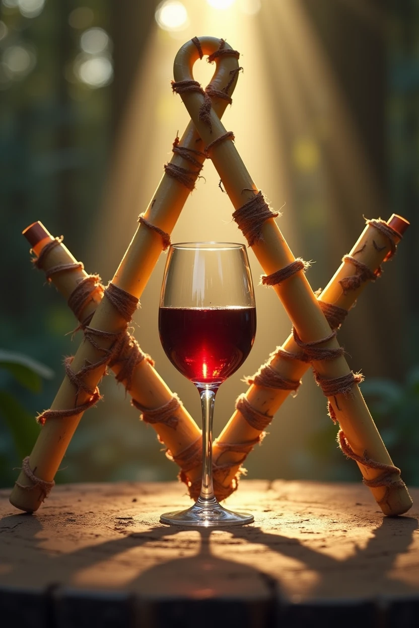Create an image that represents the symbol of Freemasonry where the compass is made with the sugar cane leaf and the square is made with the sugar cane stem.. In the center there should be a wine glass. At the bottom you should have the "eye that all come" illuminated by sunbeams
