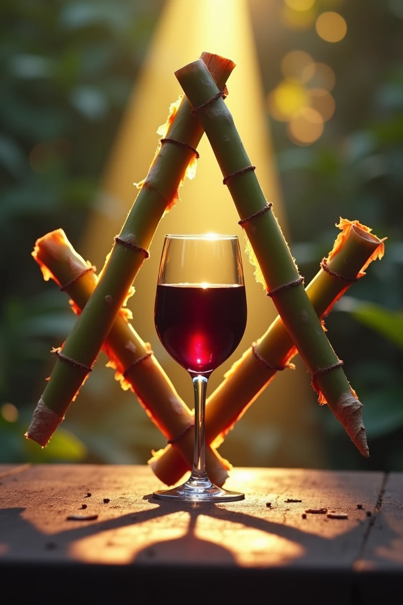 Create an image that represents the symbol of Freemasonry where the compass is made with the sugar cane leaf and the square is made with the sugar cane stem.. In the center there should be a wine glass. At the bottom you should have the "eye that all come" illuminated by sunbeams