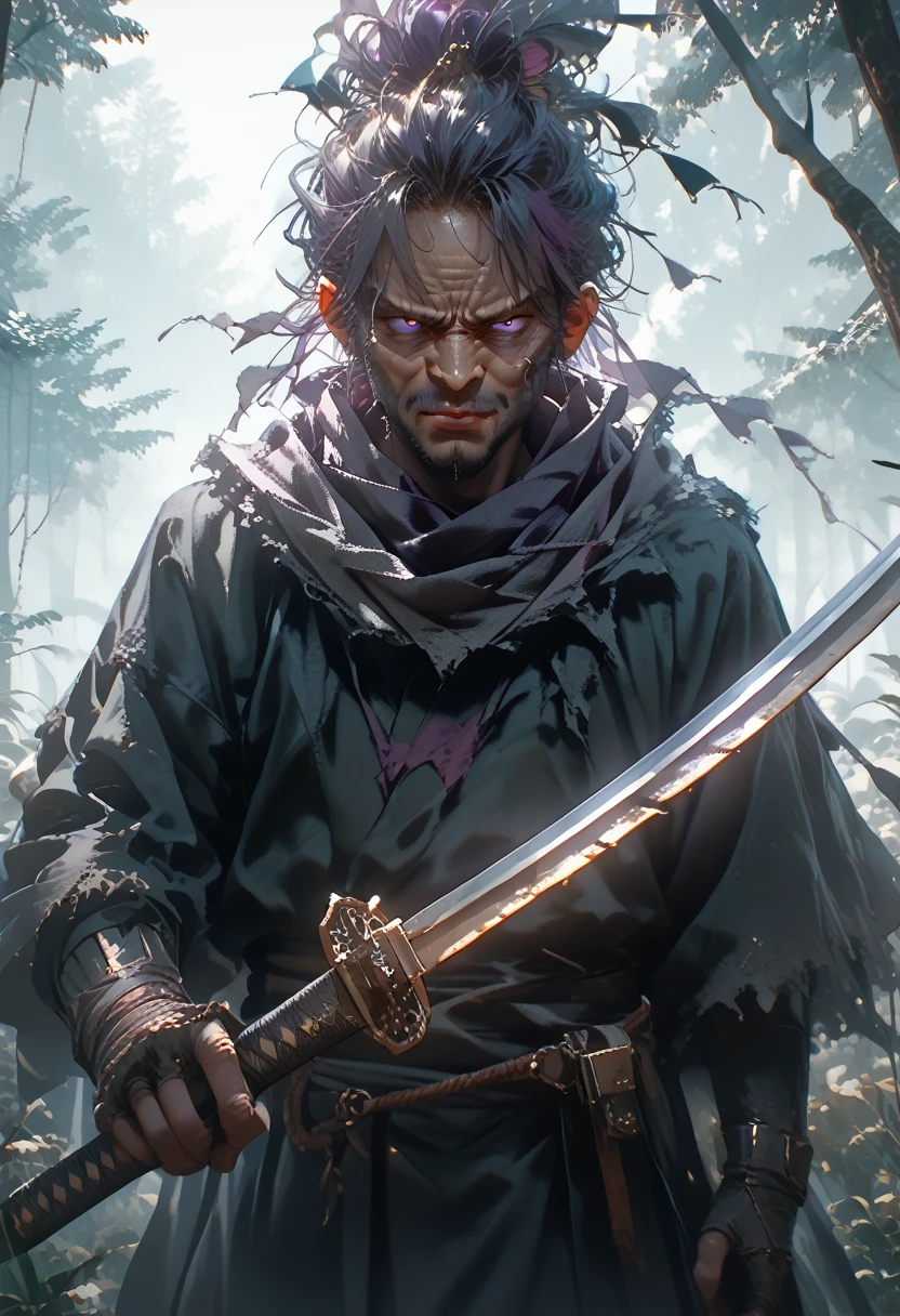 A man with blond hair and violet eyes, dressed in mercenary clothes with a scarf on his back and holding a sword in his hand, looks out of the ordinary and his clothes are in a deplorable state in a scary forest