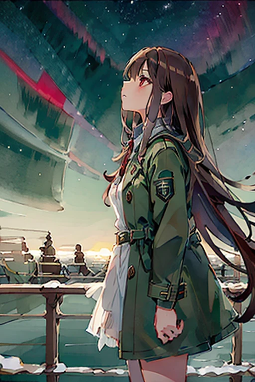 One girl, High resolution, Long Hair, Brown Hair, Red eyes, Close your mouth, cool,Land of Ice,Night Sky,Aurora,Looking up,Green mod coat,Beautiful,Fantastic landscape