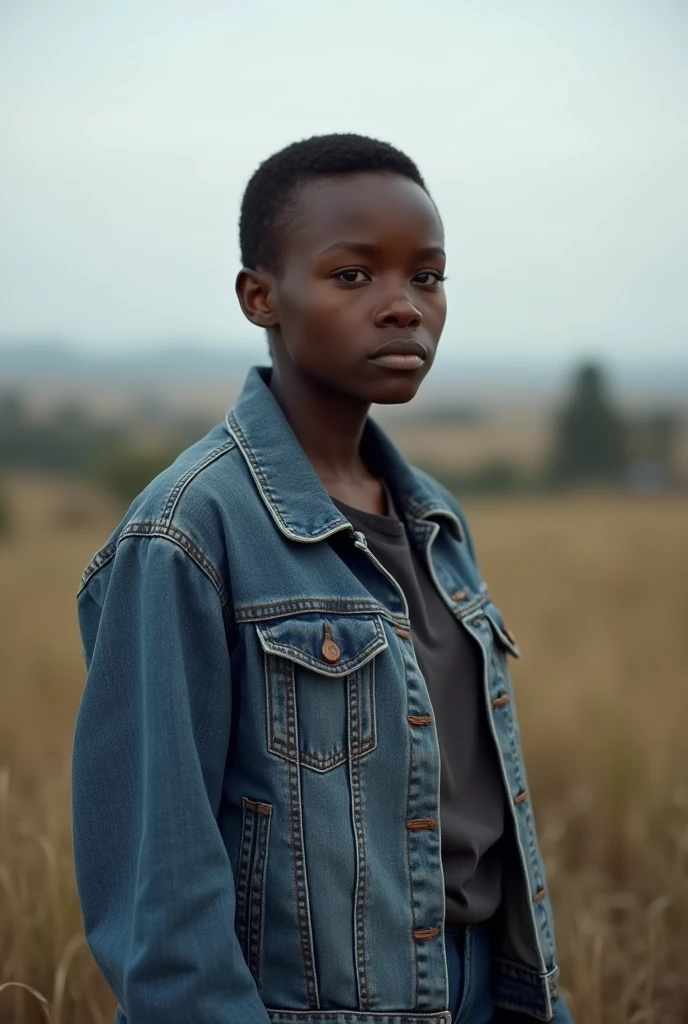 The african woman has short hair and is dressed in a denim jacket and dark shirt. He appears thoughtful, with a serene, natural background featuring clear skies and muted tones, emphasizing a rural, calm atmosphere.jpg