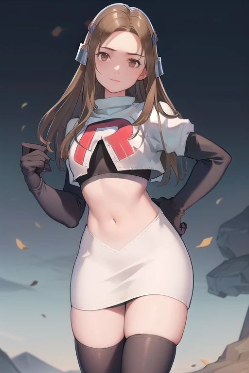 masterpiece, best quality, mathilda, brown eyes,helmet,  looking at viewer, team rocket,team rocket uniform,white skirt,red letter R,crop top,black thigh-highs,black elbow gloves