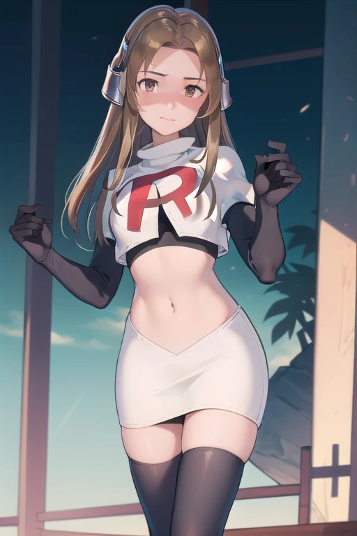 masterpiece, best quality, mathilda, brown eyes,helmet,  looking at viewer, team rocket,team rocket uniform,white skirt,red letter R,crop top,black thigh-highs,black elbow gloves