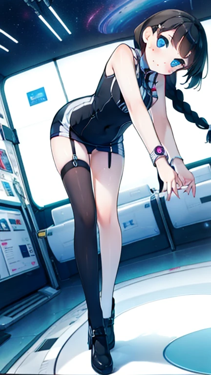 (Highest quality), (masterpiece), 1080P, High resolution, 4K, 8k, Inside the space station、Futuristic room、Thigh straps, Shooting from directly below, The woman on top of me, 白いSweat, Covered , Sweat, Woman looking down, Skirt swimsuit, Thigh-high socks, To achieve this, 16 years old, , whole body, Black leather shoes, Braided hair, Inner Color, Embarrassed face, Short black hair, bracelet, Bedroom,celestial body_Vest
