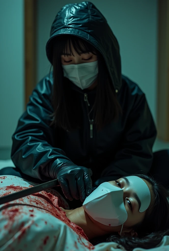 korean girl, (behind corpse, surgical mask), holding knife, stabbing, black gloves, room full of blood, black raincoat, bucket hat, holding knife, black gloves, behind corpse, blood splatter, bondage, long bangs, bed room, black wet suit, night, mass murderer, killer, robbery, dark atmosphere, cinematic lighting, atmospheric realistic, close-up,