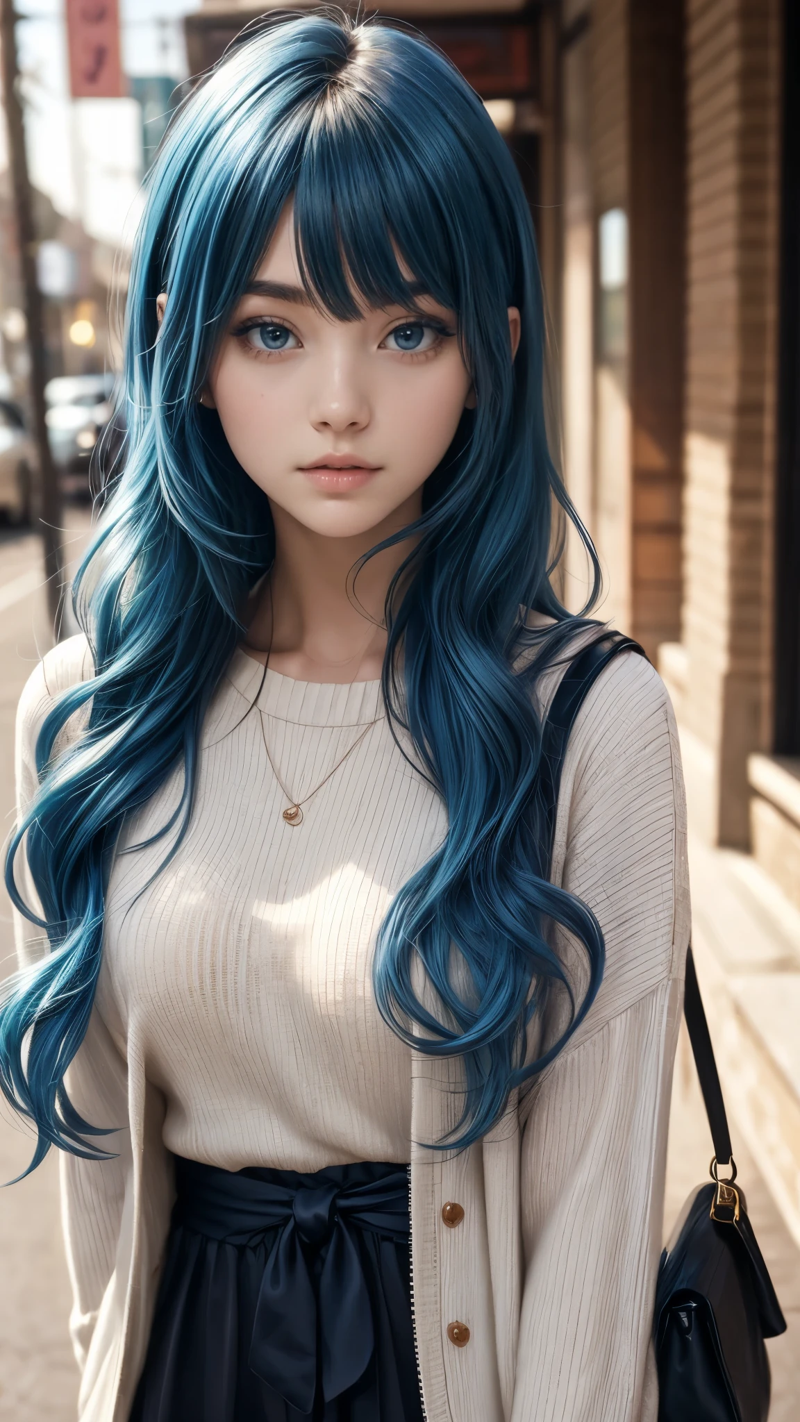 25 year old woman、Hair color is a gradient color、Eye color is blue、semi-long、hair is wavy、I'm wearing eyeshadow and lipstick、I'm wearing a headband、accessories on wrist、Slender but well-proportioned muscular body、Off-the-shoulder sweater dresses are coming、smile、looking at the camera、surrounded by high concrete walls、looking at the camera、smile、I'm in a room with concrete walls.