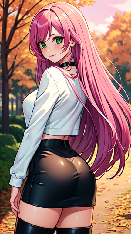 Masterpiece, raw,  beautiful art, professional artist, 8k, art style by sciamano240, very detailed face, very detailed hair, 1 woman, perfectly drawn body, beautiful face, long hair, pink hair , very detailed green eyes , rosey cheeks, intricate details in eyes, playful smile, looking directly at viewer , in love with viewer expression, black chocker, lipstick, wearing cute fall clothes, tight long sleeve white crop top, short black pencil skirt, thigh boots, standing, sunny day fall setting, focus on feet, rear view, 