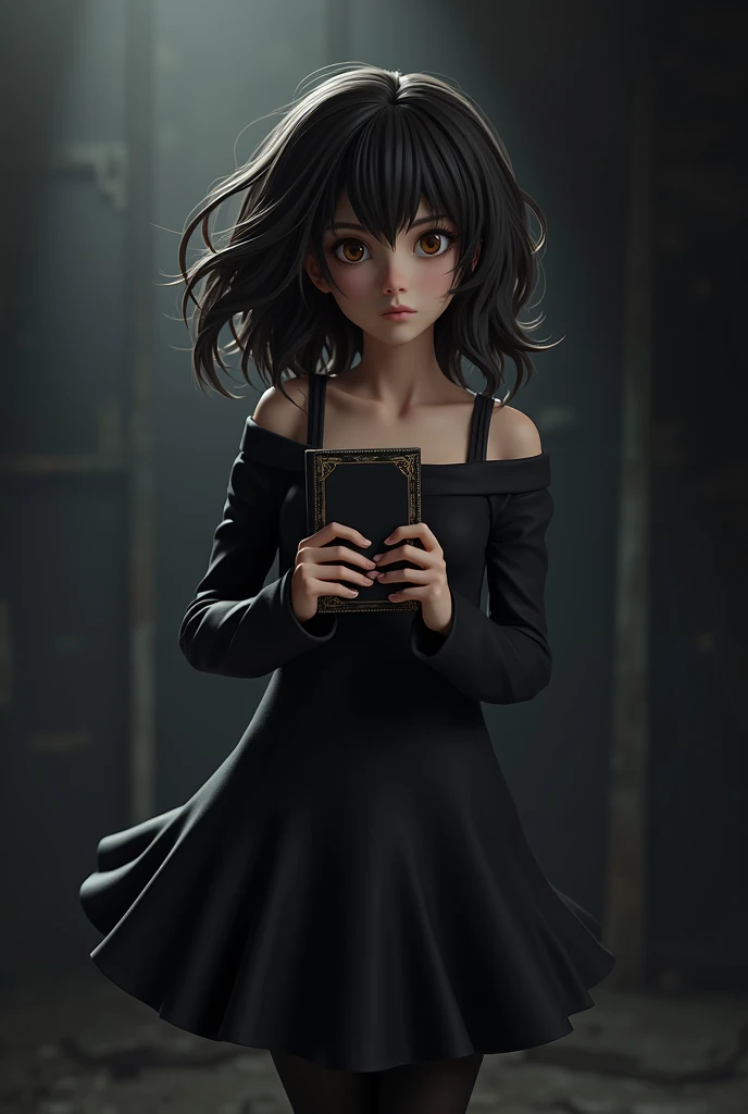 I want a 3d drawing of Misa Aname from Dead Note with curly hair and bangs, dark hair and brown eyes, with the Dead Note notebook in his hand and the girl is dressed in a black dress and black tights on her arms , on a dark background
