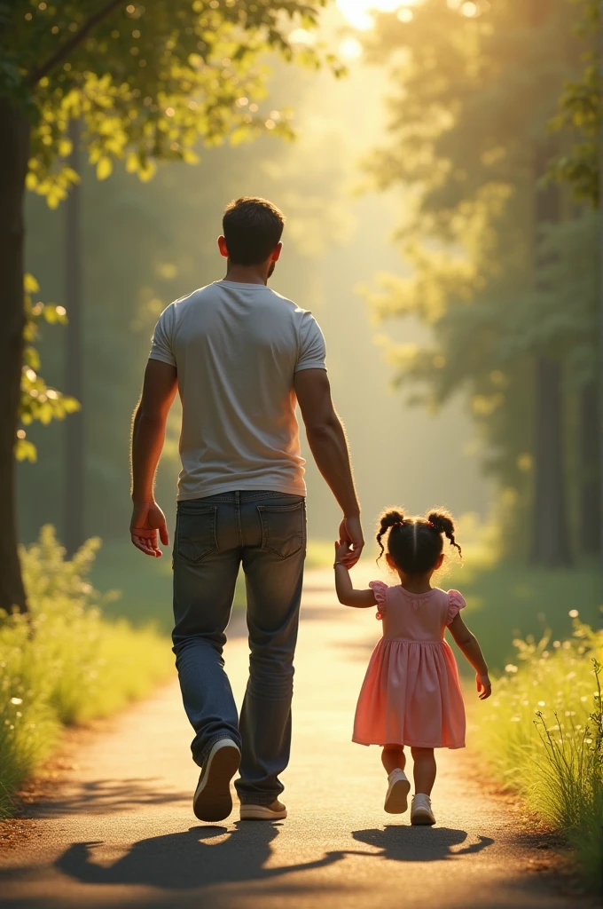 baby girl and father walking together backside