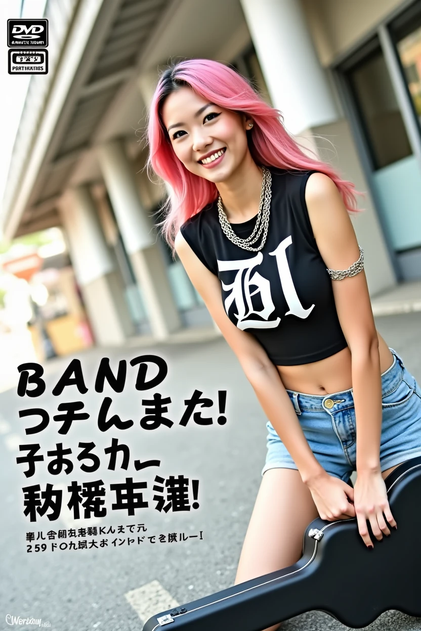 ((((Woman's ridiculously large breasts change, slender curves, big , big breasts, big , super beautiful woman, whip-smacking body)))), adult video poster layout, text on screen: "BAND GIRL Shocking AV debut! ! ",(((Japanese woman with large black guitar case)))), 26 year old adult woman wearing black crew neck top with large English letters on her chest and short blue jeans posing for a photo shoot, big breasted female porn actor, dynamic pose, rock music magazine model pose,. Japanese female fashion model, (((very bright pink hair))), happy expression, thick chain accessories on neck and arms, (((in front of Asakusa strip theater))), pure beautiful smile, intelligent face, slender curves, large breasts, wearing black t-shirt, small leather jacket Wearing black T-shirt, very small leather jacket, denim shorts, (((extreme low angle))), null, Bill, holding black guitar case with guitar strap, (((DVD mark, Blu-ray mark))).