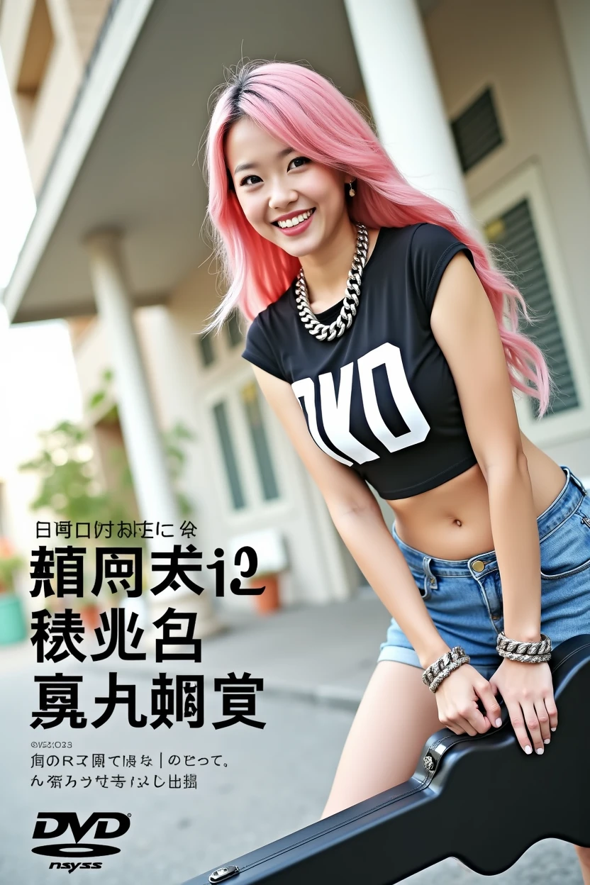 ((((Woman's ridiculously large breasts change, slender curves, big , big breasts, big , super beautiful woman, whip-smacking body)))), adult video poster layout, text on screen: "BAND GIRL Shocking AV debut! ! ",(((Japanese woman with large black guitar case)))), 26 year old adult woman wearing black crew neck top with large English letters on her chest and short blue jeans posing for a photo shoot, big breasted female porn actor, dynamic pose, rock music magazine model pose,. Japanese female fashion model, (((very bright pink hair))), happy expression, thick chain accessories on neck and arms, (((in front of Asakusa strip theater))), pure beautiful smile, intelligent face, slender curves, large breasts, wearing black t-shirt, small leather jacket Wearing black T-shirt, very small leather jacket, denim shorts, (((extreme low angle))), null, Bill, holding black guitar case with guitar strap, (((DVD mark, Blu-ray mark))).