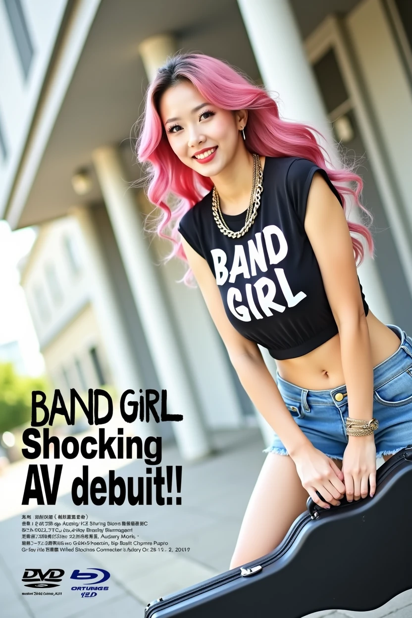 ((((Woman's ridiculously large breasts change, slender curves, big , big breasts, big , super beautiful woman, whip-smacking body)))), adult video poster layout, text on screen: "BAND GIRL Shocking AV debut! ! ",(((Japanese woman with large black guitar case)))), 26 year old adult woman wearing black crew neck top with large English letters on her chest and short blue jeans posing for a photo shoot, big breasted female porn actor, dynamic pose, rock music magazine model pose,. Japanese female fashion model, (((very bright pink hair))), happy expression, thick chain accessories on neck and arms, (((in front of Asakusa strip theater))), pure beautiful smile, intelligent face, slender curves, large breasts, wearing black t-shirt, small leather jacket Wearing black T-shirt, very small leather jacket, denim shorts, (((extreme low angle))), null, Bill, holding black guitar case with guitar strap, (((DVD mark, Blu-ray mark))).
