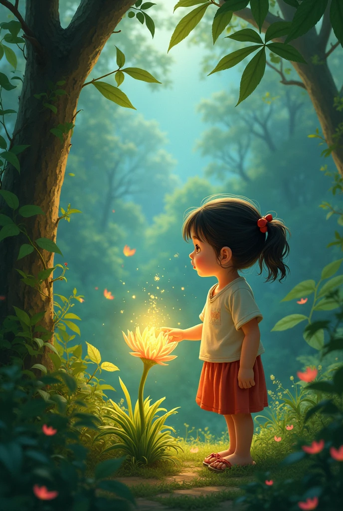 A girl in village  she lives with her family  one day she go to jungle she see a magical plant of peace and blessings and she bought the plant 
