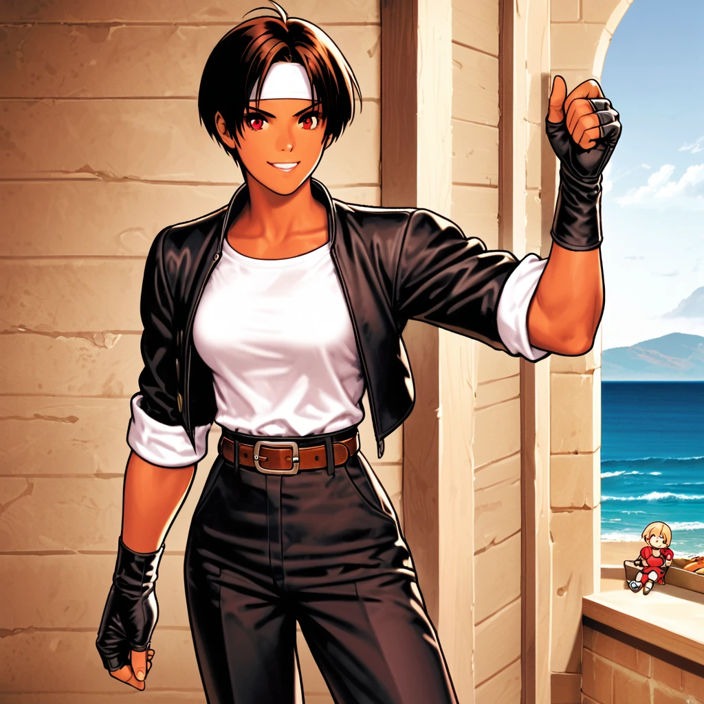 1 person,woman,short hair,Dark Skin,Red eyes,(Black jacket with rolled up sleeves),Fingerless gloves,White T-shirt, (White headband on forehead),Black pants,White shoes,Brown belt,cute,Indoor person,Charm Points,Ocean View,Slightly large breasts,Outdoor,High quality,Handsome,A confident grin,Dining with friends on the terrace,Talking happily,Eating bread