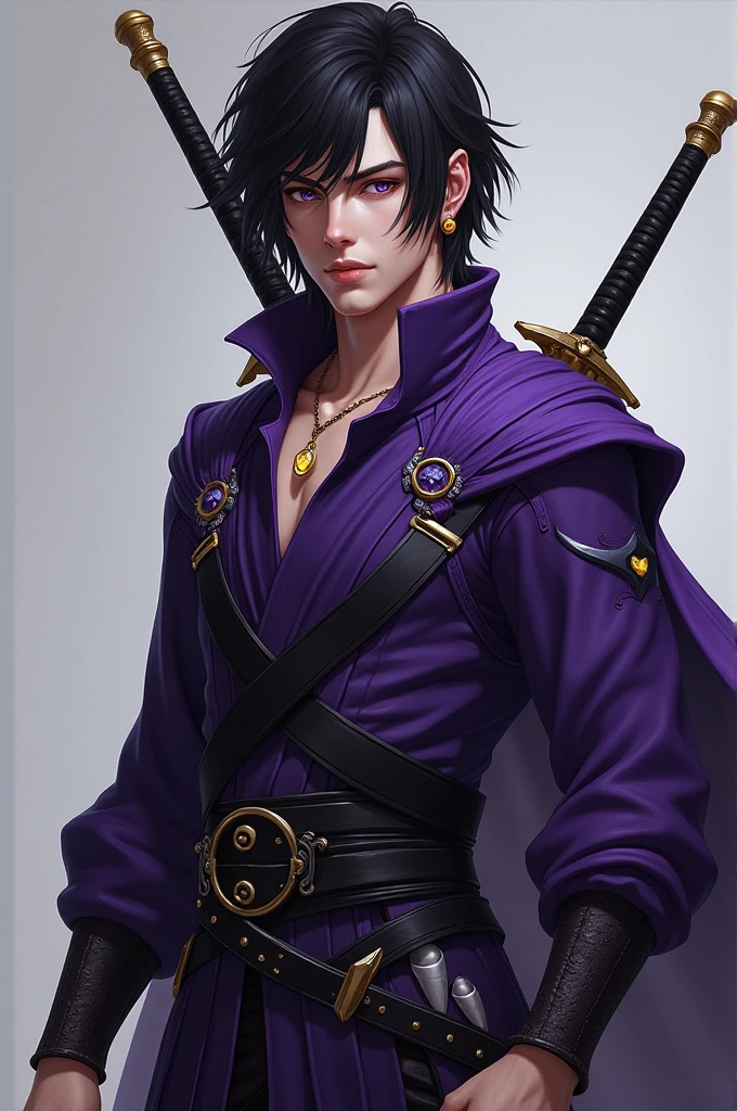 A man in his 20s, tall with about 1,98, strong with muscles, shoulder-length black hair, purples eyes, white but tanned skin, with light lilac smoky highlights on the cheek contour, wears a very dark purple, almost black, fighting outfit, tight like a long-sleeved blouse with a high collar, it carries two swords on the back, these swords have jeweled adornments, a black belt with daggers. And a yellow jewel around her neck and an earring Her face is indifferent, young and handsome Fantasy books style, young and handsome with a scar on his neck