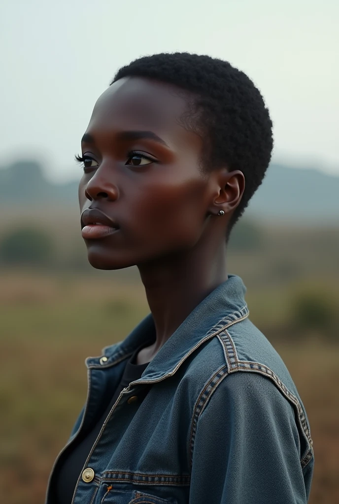 The african woman has short hair and is dressed in a denim jacket and dark shirt. He appears thoughtful, with a serene, natural background featuring clear skies and muted tones, emphasizing a rural, calm atmosphere.jpg