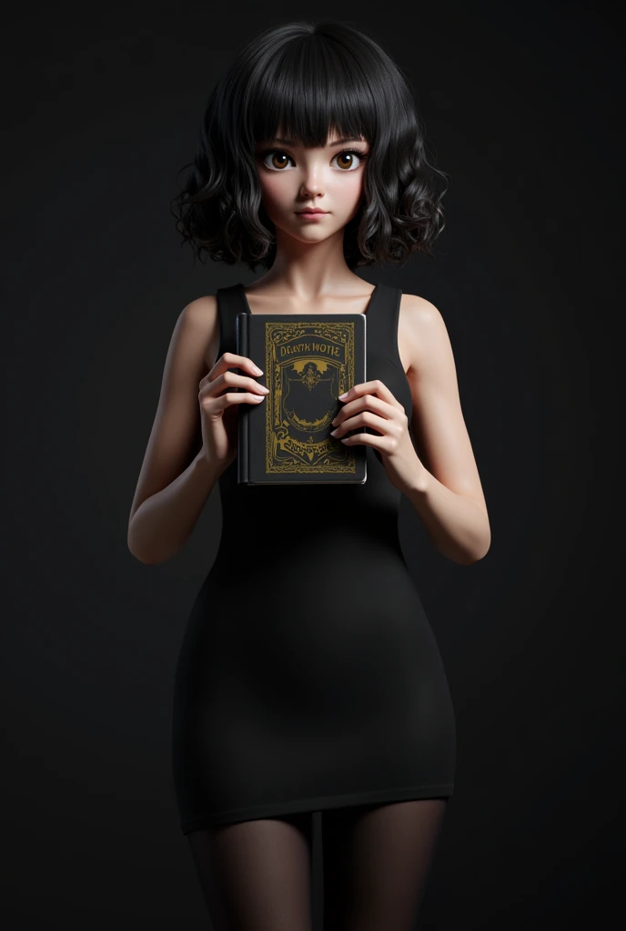 I want a 3d drawing of Misa Aname from Dead Note with curly hair and bangs, dark hair and brown eyes, with the Dead Note notebook in his hand and the girl is dressed in a black dress and black tights on her arms , on a dark background